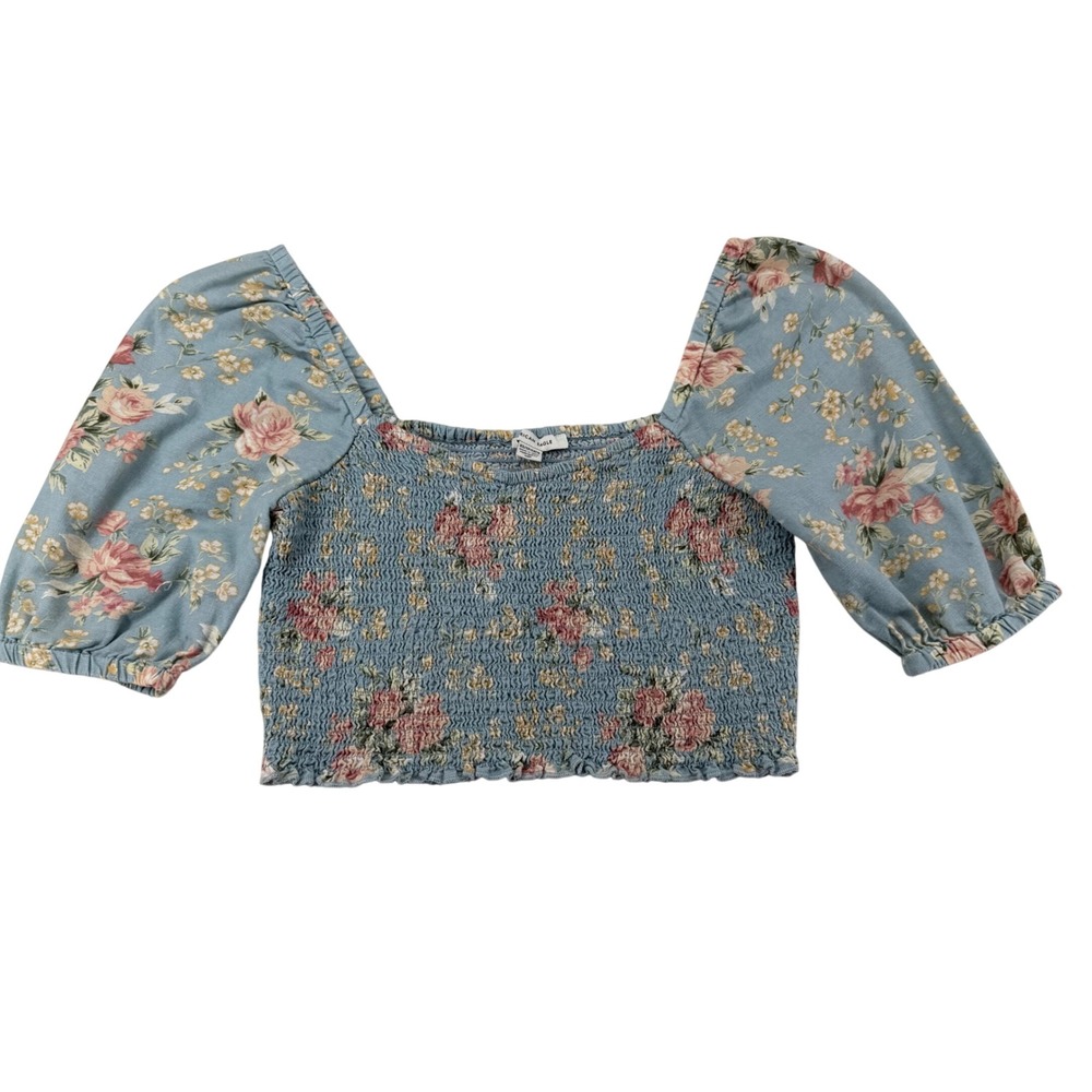 American Eagle Linen Blend Floral Smocked Puff Sleeve Crop Top Womens XS Boho